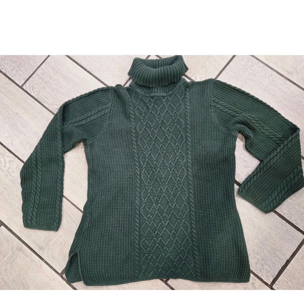 Jeanne Pierre Women's L Forest Green 100% Cotton Cable Knit Turtleneck Sweater